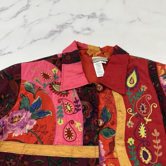 Coldwater Creek Embroidered Jacket Plus Size 1x Red Pink Floral Patchwork - Picture 2 of 11
